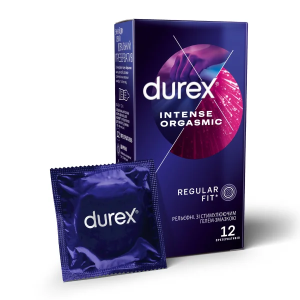 Презервативи латексні з силіконовою змазкою Durex Intense Orgasmic (рельєфні, зі стимулюючим гелем-змазкою), 12 шт.
