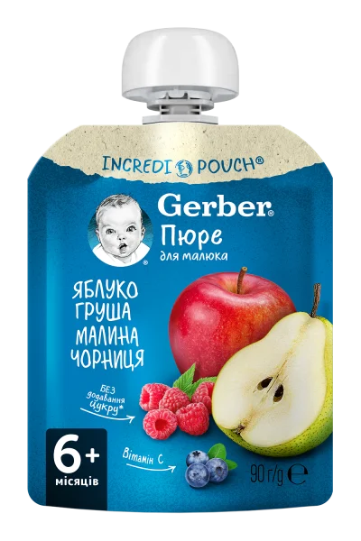 Пюре Гербер (Gerber) яблоко, груша, малина и черника, 90 г (пауч)