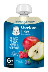 Пюре Гербер (Gerber) яблуко, груша, малина і чорниця, 90 г (пауч)