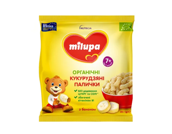 Палички кукурудзяні Мілупа органічні з бананом для дітей від 7 місяців 20г